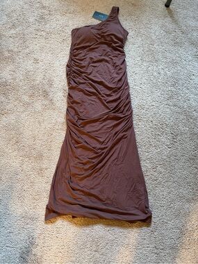 One-Shoulder Ruched Dress in Brown